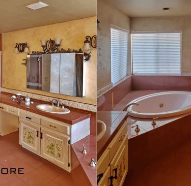 Existing master bathroom with dark red tile and sunk in tub.