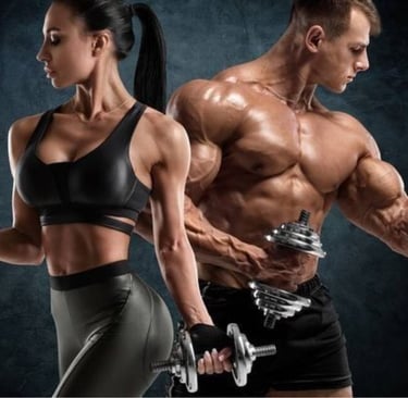 A muscular man and woman performing bicep curls with silver dumbbells during a bodybuilding workout.