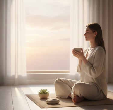 a woman is sitting quietly with a cup of tea at sunrise
