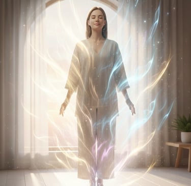 A woman standing in natural light with a glowing aura effect, representing renewed energy
