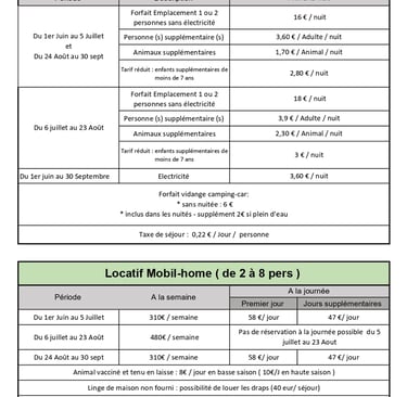 tarifs 2026 emplacements nus et camping car