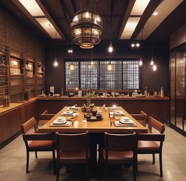 a dining room table with a table set for four