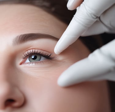 A close-up of a person with carefully styled dark hair and dramatic makeup, including dark eyeliner and glossy lips. A pink tube of lip gloss with the brand name 'Loyal Beauty' is held near the lips.