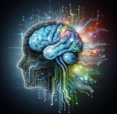 A digital brain with circuitry patterns inside a head outline. Colorful, sci-fi design.