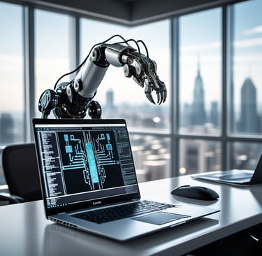 Modern office with robotic arm assembling a circuit board near a laptop