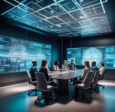 Futuristic conference room with professionals discussing AI analytics