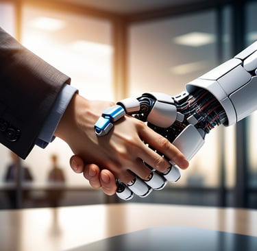 Robot and human shaking hands in a modern office, symbolizing AI collaboration