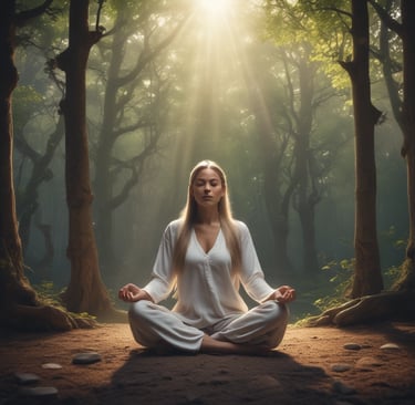 a woman meditating in the woods