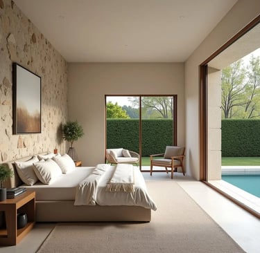 Luxury bathroom with freestanding soaking tub, large format stone tiles, and a serene spa-like atmos