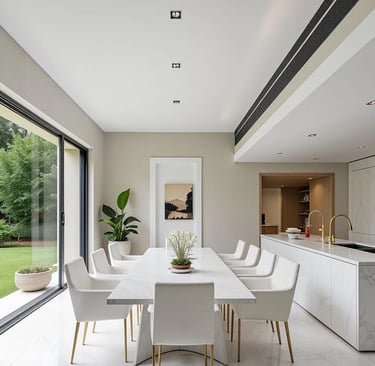 Elegant open dining space with a modern chandelier, natural wood dining table, and views into the la