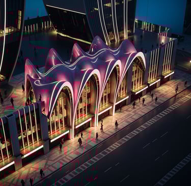 Landmark pavilion architecture featuring a sculptural canopy at the Dubai waterfront