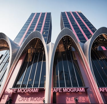 Landmark pavilion architecture featuring a sculptural canopy at the Dubai waterfront