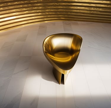 Sculptural seating furniture design in brushed brass with ceremonial form and ambient lighting