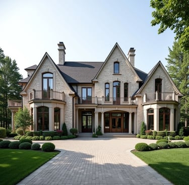 Luxury custom home in Richmond Hill with stone façade, elegant architecture, and landscaped gardens.