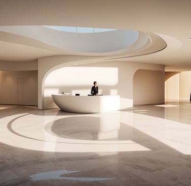 Luxury residential lobby architecture with sculptural lighting and flowing interior forms in Dubai M