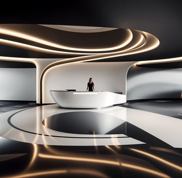 Luxury residential lobby architecture with sculptural lighting and flowing interior forms in Dubai M