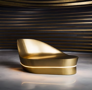 Luxury custom furniture design featuring a sculptural brass lounge form with ambient underlighting