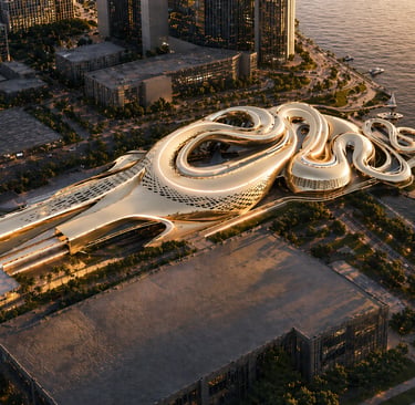 Aerial view of a golden futuristic curvilinear building design along a city waterfront at sunset.