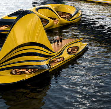 Modern luxury yellow and black yacht with futuristic aerodynamic design floating on Sama Karim