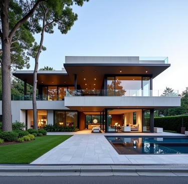 Contemporary luxury home exterior in Toronto with clean architectural lines, expansive glass panels,