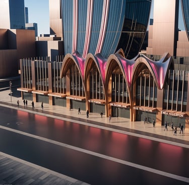 Landmark pavilion architecture featuring a sculptural canopy at the Dubai waterfront