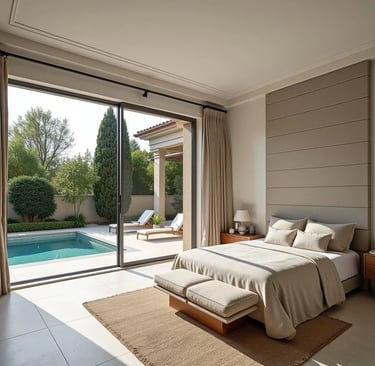 Stylish master bedroom with minimalist décor, plush bedding, and soft natural light through wide gla