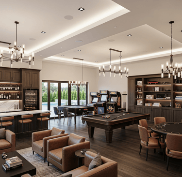 Private bar and lounge area with dark wood finishes, display shelving, and intimate seating.