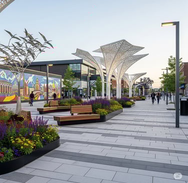 Mobility hub streetscape architecture integrating transit, cycling, and pedestrian public space in N