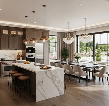 Formal dining room with chandelier lighting, upholstered chairs, and a polished wood dining table. 