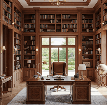 Rich wood-paneled library with built-in bookshelves, comfortable seating, and warm lighting.