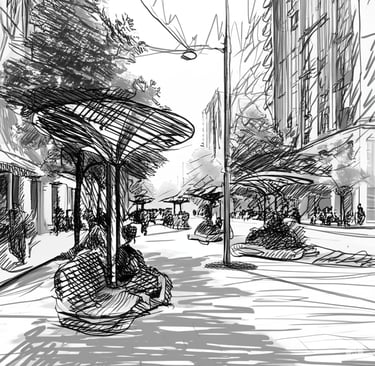 Urban public realm architecture study exploring mobility corridors and civic spaces in Toronto