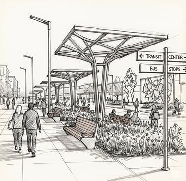 Mobility hub streetscape architecture integrating transit, cycling, and pedestrian public space in N