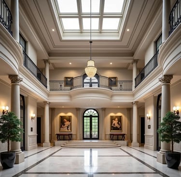 Spacious living room with ornate ceiling moldings, plush seating, and classic European-inspired deta