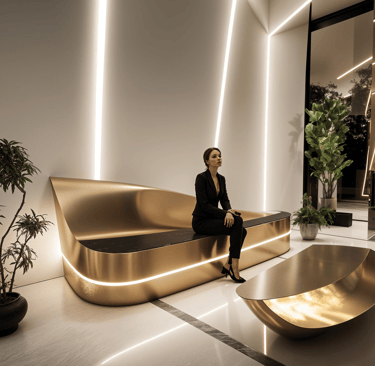 Luxury residential lobby architecture with sculptural gold interior elements in downtown Toronto