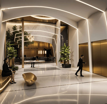 Luxury residential lobby architecture with sculptural gold interior elements in downtown Toronto