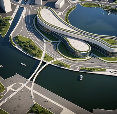 Aerial perspective of Lysandra Civic Centre showing green terraces and water-integrated design