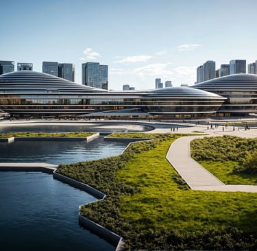 Panoramic view of Aurelia Wave Civic Center and waterfront