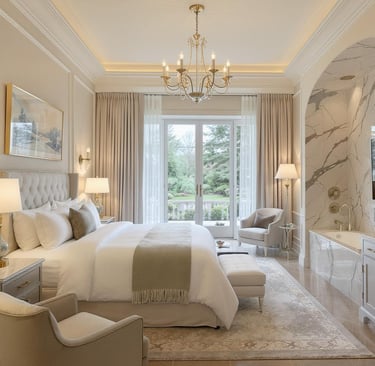 Spacious bedroom with elegant furnishings, soft textiles, and natural light.