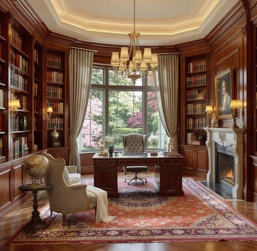  Private library with built-in shelving and reading nook in Forest Hill luxury custom home