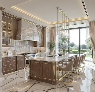 Formal dining room with chandelier lighting, wood furnishings, and intricate millwork.