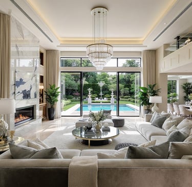 Spacious living room with ornate ceiling moldings, plush seating, and classic European-inspired deta