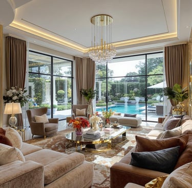 Elegant living room with coffered ceilings, plush seating, and refined decorative details.