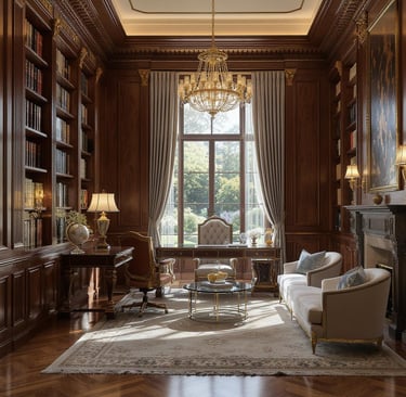 Private library with custom bookshelves, warm lighting, and comfortable seating.