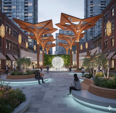 Urban public realm architecture study exploring mobility corridors and civic spaces in Toronto