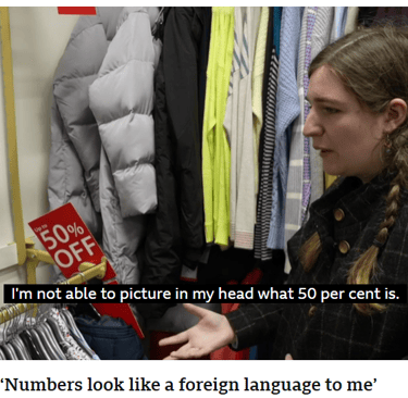 A young woman having difficulty understanding percentages of an item of clothing in a sale