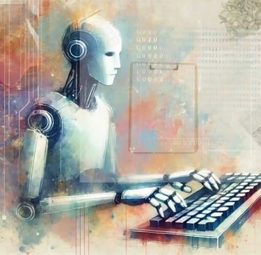 Robot typing with a transparent newspaper background featuring articles on Simcaart.com.