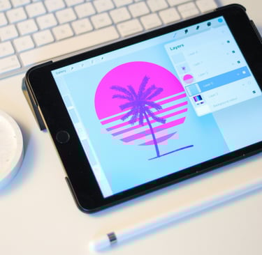 Editable digital planner for artists showcasing creative portfolio layout on tablet and laptop