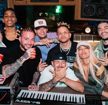 Top Colombian reggaeton artists in a recording studio
