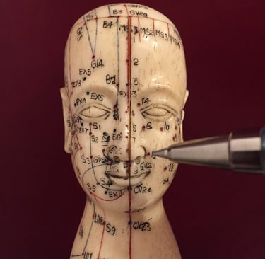 eine asiatische Kopfstatue mit aufgemalten Akupunkturpunkten und Meridianen