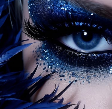 einblau geschminktes Auge mit Glitzersteinen und Federwimpern